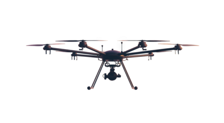 Large drone, dark gray, front view, sunset backdrop