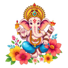 Naklejka premium Vibrant Illustration of Lord Ganesha Surrounded by Colorful Flowers and Traditional Elements