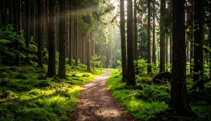Sunlit Path Through a Lush Green Forest.