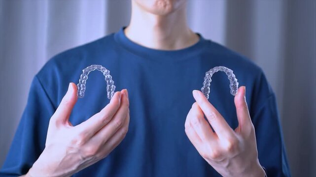 Clear Dental Aligners or braces : Orthodontic Mouthpiece Held in Hand. Slow motion video.