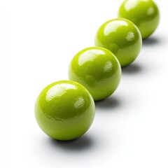 Five vibrant lime-green spheres in a row on white