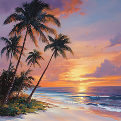 Sunset over a tranquil beach with palm trees silhouetted against vibrant colors.