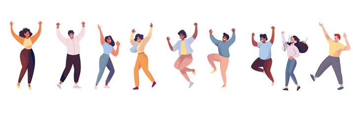 Diverse group of happy people dancing jumping celebrating expressing joy and positive emotions in flat minimalist vector style illustration
