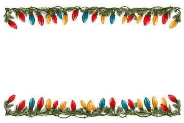 Christmas Lights Border with Pine Branches graphic isolated on a transparent background