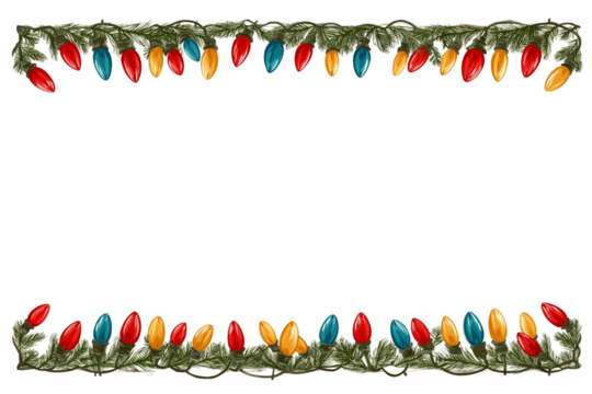 Christmas Lights Border with Pine Branches graphic isolated on a transparent background
