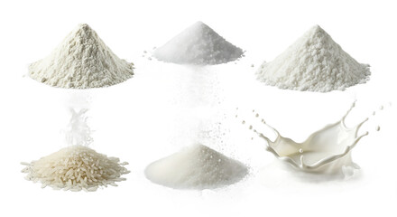 Assorted White Powders and Rice with Splash of Milk on White Surface