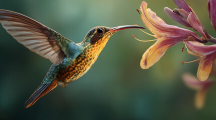 hummingbird mid-flight sipping nectar