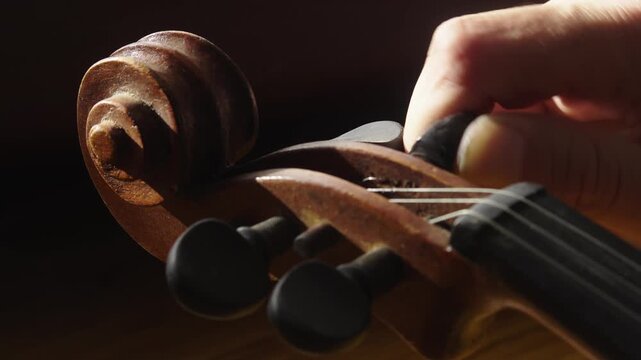 Musician adjusting and tuning nylon strings on violin Close-Up