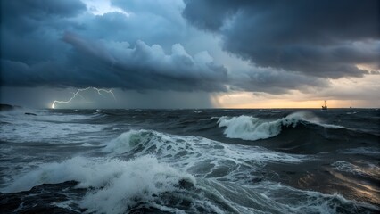 Obraz premium Stormy sea, rain, dark clouds, ocean waves, 