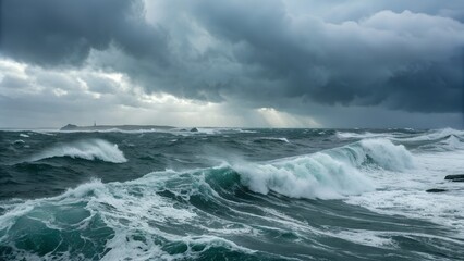 Obraz premium Stormy sea, rain, dark clouds, ocean waves, 