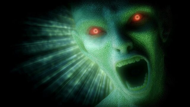 A mysterious hatch opens in a dimly lit tunnel, revealing a glowing green monster with red eyes rising into view.