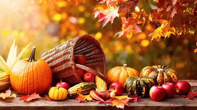 Colorful fall harvest with pumpkins, corn, apples, and leaves spilling from a cornucopia on a rustic table under autumn foliage.