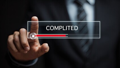 Businessman presses a digital button labeled "COMPLETED