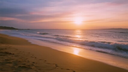 Fototapeta premium At sunset by the sea, the sun shines on the beach and the sea, with palm trees dotting the shore, and the scenery is quiet and beautiful. 