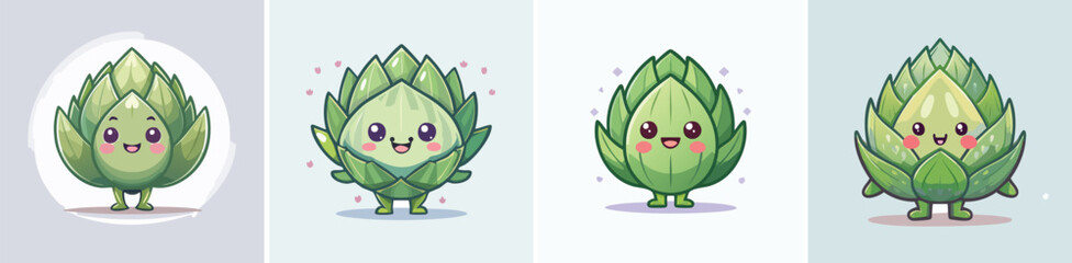 Artichoke vector set of cute cartoon-style characters with arms, legs, and expressive faces.
