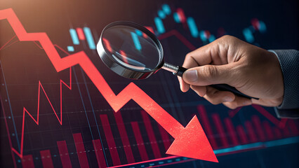 Hand holding a magnifying glass over a red downward trending stock market graph with a sharp decline arrow indicating financial loss and economic downturn