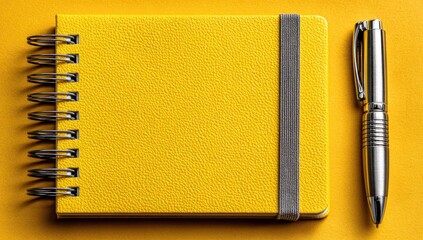A vibrant yellow notepad with a gray elastic band and a metallic pen on a bright yellow background