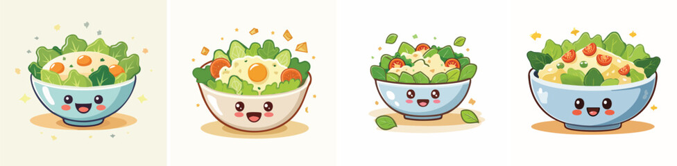 Caesar Salad vector set of cute cartoon-style characters with arms, legs, and expressive faces.