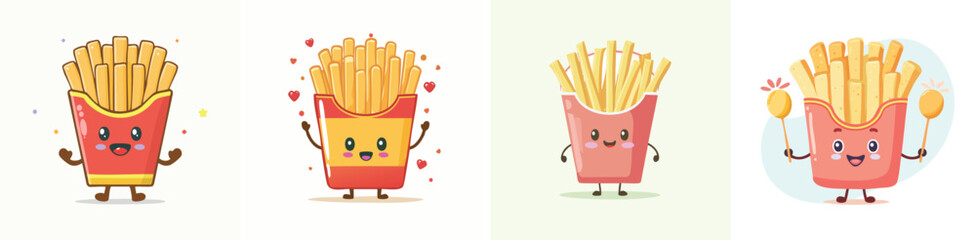 French Fries vector set of cute cartoon-style characters with arms, legs, and expressive faces.