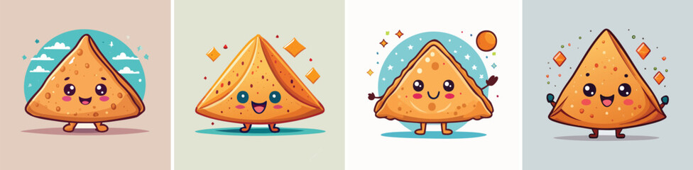 Samosas vector set of cute cartoon-style characters with arms, legs, and expressive faces.