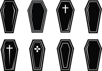 Set of black coffins with cross symbol for funeral and halloween decorations in spooky and scary style