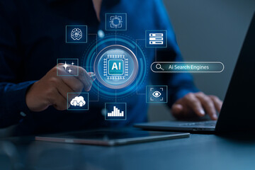 AI Powered Search Engines artificial intelligence drive digital marketing, seo automation. Businessman using an AI search engine for data analysis and research. smart search, big data, generative AI.