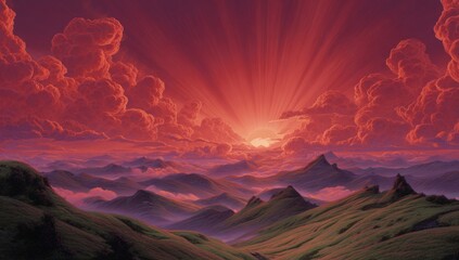 Sunrise over a misty mountain range