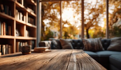 Wooden table in a sunlit library