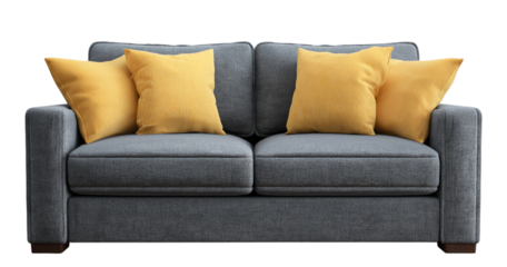 Gray two-seater sofa with yellow corduroy cushions isolated on a transparent background