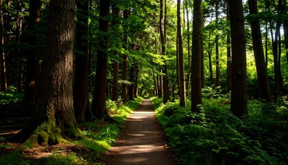 Fototapeta premium Sunlit path winding through a dense green forest.