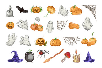 Hand drawn vintage halloween set with pumpkins, ghosts, witch hats, cauldron, broom, candle, spider, cobweb and gravestone, color vector illustration