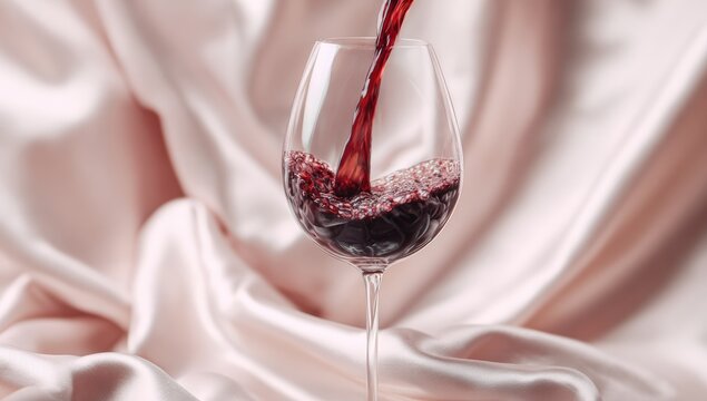 Red wine poured into a glass on a blush-pink satin background