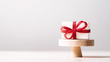 White cake adorned with a red bow on a small stand representing exclusive rewards and conceptual gift icons