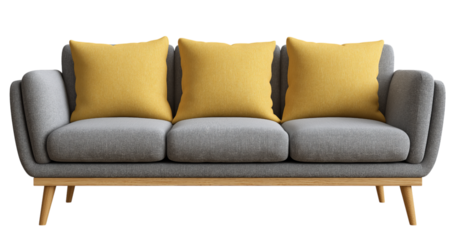 Gray three-seater sofa with yellow cushions and wooden legs isolated on a transparent background