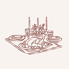 Hand drawn doodle Christmas dinner table