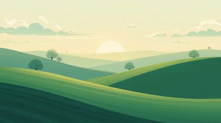 A calm landscape illustration background with soft hills and pale sky