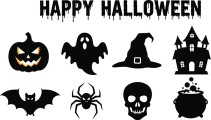 Obraz premium Halloween icons, featuring spooky pumpkins, ghosts, witches, bats, spiders, skulls, and cauldrons for festive designs