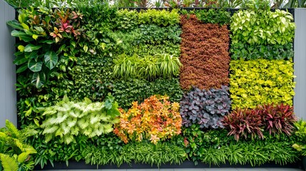 Obraz premium A lush vertical garden wall with a variety of green plants and flowers thriving in colorful patches 