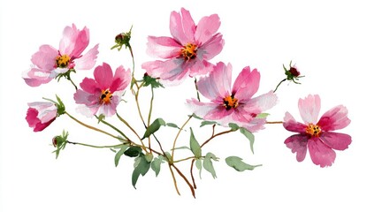 Naklejka premium Delicate Pink Cosmos Watercolor Painting on White