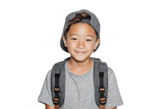 Asian chinese teenager boy with backpack over white ackground. Middle school siling at camera Back to scool. Copy space for advertsing blank. Childhood, eduation, products for childrn
