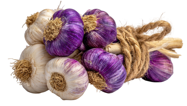 A bunch of purple and white garlic bulbs tied with twine