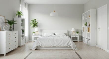 A serene bedroom with a white bed and minimalist decor.