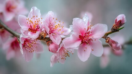 Naklejka premium Delicate Pink Peach Blossoms with Dewdrops