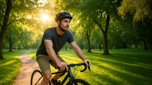 Man riding bicycle on park path in summer wearing helmet.