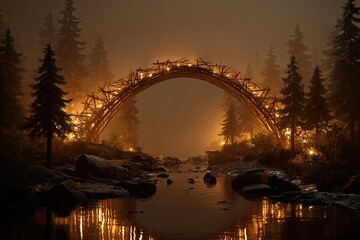 Misty night, wooden arch bridge over a stream, lit by warm light
