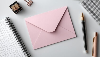 Pink envelope on white desk, office supplies