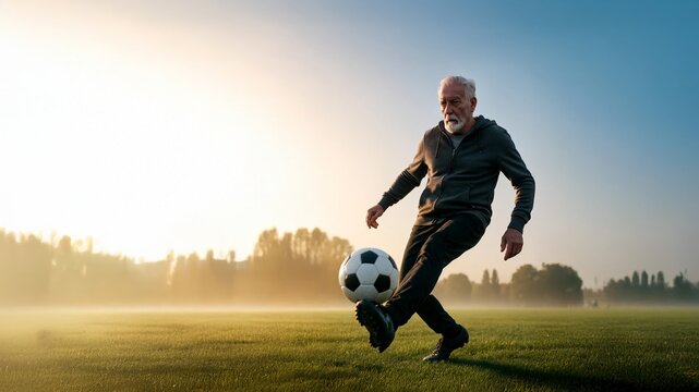 Older man playing soccer on grass field, showing energy, fitness, and active retirement lifestyle.