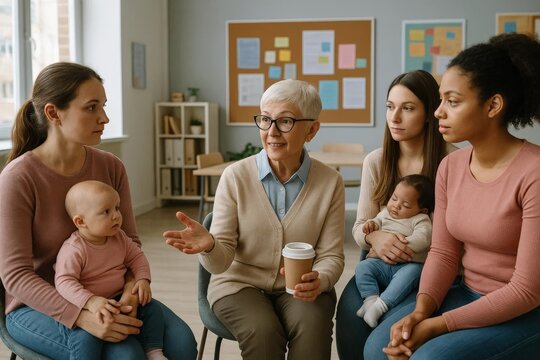 Older mentor leads parenting support group of women with babies in a community room, friendly discussion. - Powered by Adobe