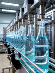 A water bottling line in an industrial setting where glass bottles are being filled with clear water. The production process showcases advanced machinery in action