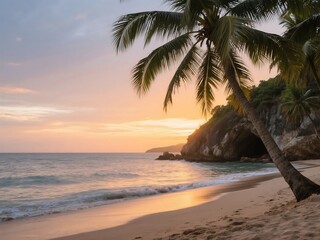 Sunset Beach with Hidden Cave and Palm Trees